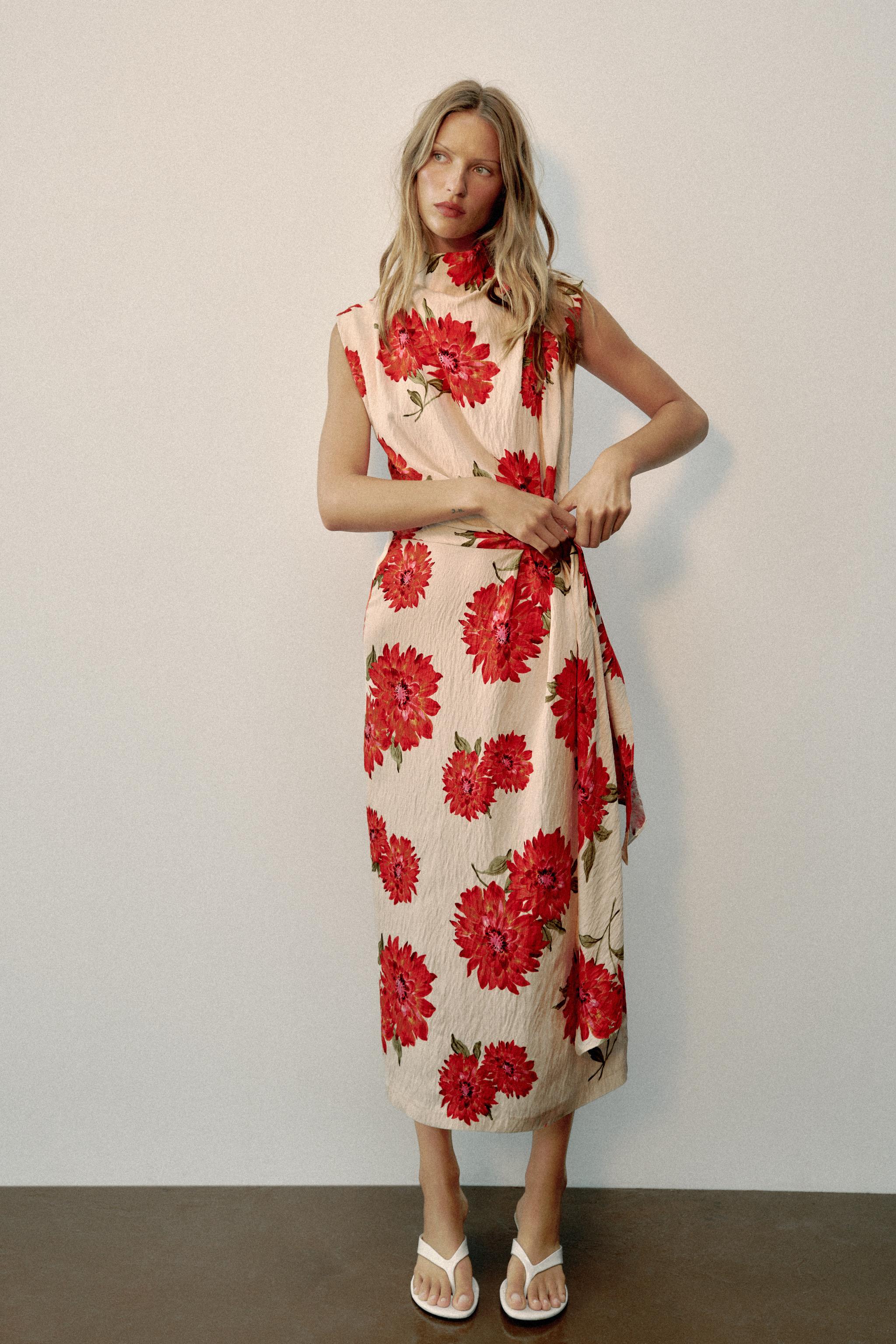 FLORAL PRINT BELTED MIDI DRESS